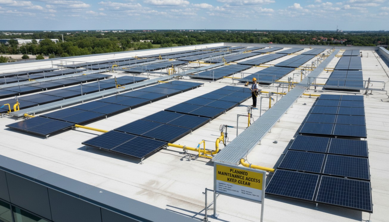 Commercial flat plate solar collector maintenance access layout showing service walkways, rooftop collector arrays, piping zones, and planned inspection routes
